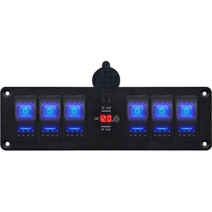 ProRide Schakelpaneel 12V voor Auto/Boot - USB Stopcontact 2 Poorten met Schakelaar/Voltmeter - 5V/2.4A - 6 schakelaars - Rood