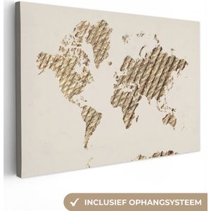 Canvas Wereldkaart - 30x20 - Wanddecoratie Wereldkaart - Touw - Bruin