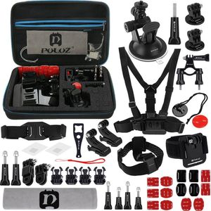 PULUZ 45 in 1 Ultieme Combo Kit, Inclusief EVA hoes (borstband Zuignap Houder , 3-wegs scharnierarmen J-haak houder , Polsband en Helm Band Statief Adapters + Opbergtas + stuurhoudervoor GoPro HERO 5 / 4 Sessie /4 /3 +