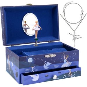Blauw ballerina sieraden set, muziekdoos en opberg box voor meisjes - Met ketting en armband - Met lade en spiegel - Ballet