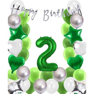 Snoes Ballonnen 2 Jaar Wit Groen Zilver Mega Ballon - Compleet Feestpakket 2 Jaar - Verjaardag Versiering Slinger Happy Birthday – Folieballon – Latex Ballonnen - Helium Ballonnen