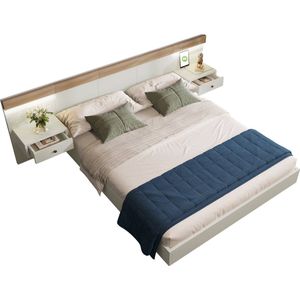 Merax Slaapkamer Set met Tweepersoonsbed en 2 Nachtkastjes - Luxe Bed met USB-C en Opbergruimte - 160x200 cm Houten Bedframe - Sonoma Eiken Bruin met Wit