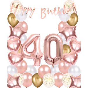 Snoes Ballonnen 40 Jaar Rose Gold White Dots - Compleet Feestpakket met cijfer ballon 40 jaar - Verjaardag Versiering Slinger Happy Birthday – Folieballon – Latex Ballonnen - Helium Ballonnen - Rose Feestpakket