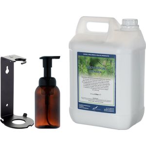 Zeepdispenser 300 ml amber bruin hervulbaar + 5 Liter Bodylotion Dennen navulling (inclusief beugel)