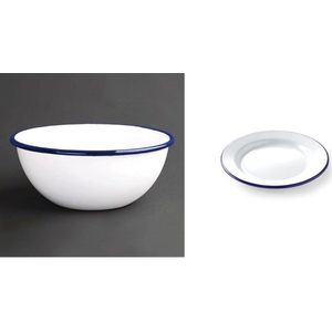 Emaille puddingkom 155 mm 5,5 inch (diameter) roestvrijstalen schaal keuken, wit/blauw, set van 6 en borden, plat, met een mooie blauwe rand, slijtvast, diameter 200 mm