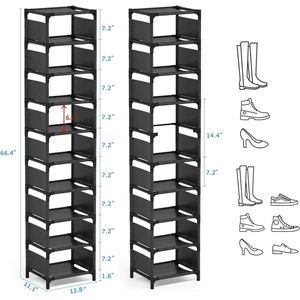 Ruimtebesparend 10 lagen schoenenrek voor 10 paar hoge schoenen - organizer voor smalle schoenen - stapelbare cubby opslag voor entree, kast, slaapkamer, garage Schoenenrek