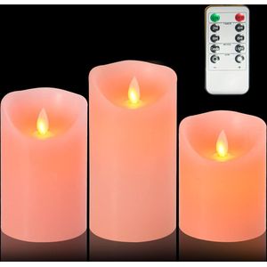 vlamloze batterij aangedreven LED kaarsen: echte wax pijler met afstandsbediening flikkerende nep-lichten voor decoratie kerst bruiloft verjaardagsfeestje Valentijnsdag (Set van 3 roze)