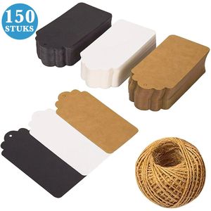 150x Stuks Kraft Karton Labels met 20m Jute Touw - Hart Kartonnen Cadeaulabels met Gaatje en Koord - Bruine, Zwarte & Witte Etiketten - Kraftpapier Naamkaartjes - Blanco Prijskaartjes\Prijslabels met Koortje - 7*4 cm