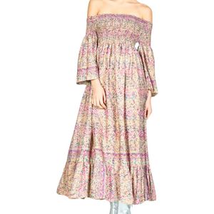 Smocked off-should Dames Jurk - Bohemian - Ibiza - Zomer jurk - Roze