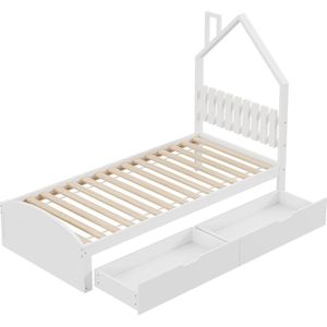 Merax Houten Eenpersoonsbed 90x200 cm met 2 Opberglades - Kinderbed in Huisvorm met Schoorsteen - Wit