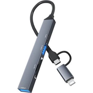8-Pin (Lightning) en USB-C naar SD - Micro SD kaart - USB 3.0 - kaartlezer adapter hub geschikt voor o.a. iPhone iPad en laptop - grijs - Provium