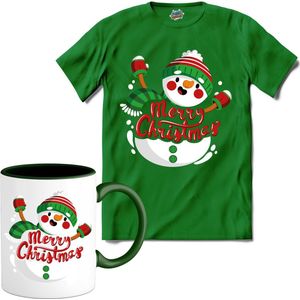 Merry Christmas vrolijke sneeuwpop - T-Shirt met mok - Dames - Kelly Groen - Maat L