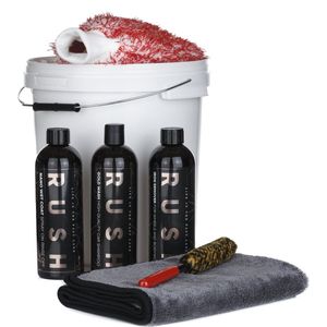 RUSH Wasbox pakket - Voor Auto & Motor - Autoshampoo - Velgenreiniger - Spraywax - Microvezeldoek - Schrobborstel - Emmer 10L