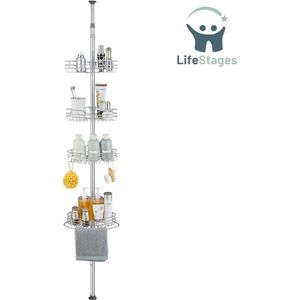 LifeStages - Telescopisch Doucherek - Telescopisch Hoekrek Douche - 4-Traps Badkamer Opbergsysteem - Niet Boren Douche Caddy -Verstelbare Hoogte - Grijs - 265cm
