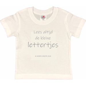 Shirt Aankondiging zwangerschap ""Lees altijd de kleine lettertjes (ik word grote zus)"" | korte mouw | Wit/grijs | maat 134/140 zwangerschap aankondiging bekendmaking Baby big bro Sis Sister