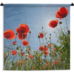 Wandkleed - Wanddoek - Felle zon boven een aantal klaprozen in Spanje - 120x120 cm - Wandtapijt