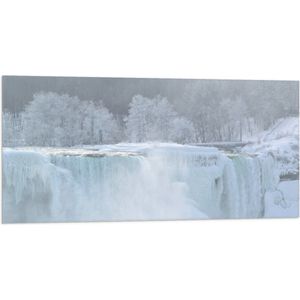 WallClassics - Vlag - Witte Winter Waterval - 100x50 cm Foto op Polyester Vlag