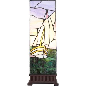 HAES DECO - Tiffany Tafellamp 18x18x48 cm Beige Paars Glas Kunststof Vierkant Zeilboot Tiffany Bureaulamp Tiffany Lampen Glas in Lood