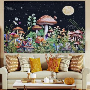 Wandtapijt esthetisch, paddenstoel, maan, planten, vlinder, sterrenhemel, natuur, bos, wanddoek, zwart, wandtapijt, slaapkamer, woonkamer decoratie (200 x 150 cm)