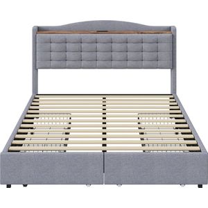 Merax Gestoffeerd Bed 140 x 200 cm met Nachtkastje - USB Oplaadpunt en 4 Laden in Grijs Linnen