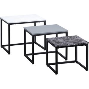 Merax Set van 3 Moderne Bijzettafels – Stapelbare Salontafels met MDF Tafelblad en Metalen Frame – Wit, Grijs en Zwart Marmerlook – Ruimtebesparend – voor Woonkamer en Decoratie