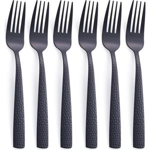 Mat zwart diner vorkset roestvrij staal, 6-delig, 20,3 cm, zwart bestek, gehamerde metalen vork, gesatineerd oppervlak