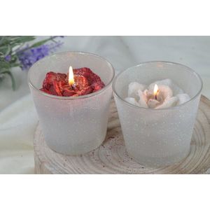 Candles by Milanne, Set van 2 stuks grote verschillende handgemaakte ROOS KAARSEN in glazen bak, H: 9 cm - BEKIJK VIDEO