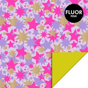 1 rol Cadeaupapier 70cm breed - Big Stars Gold Lilac/Fluor Pink - Yellow