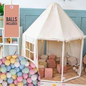 KiddyMoon Speeltent Kindertent Met 700 Ballen Opvouwbaar Voor Kinderen Paviljoenvormig Kinderhuis Gemakkelijk Te Assembleren Om Binnen En Buiten Te Spelen, Natuurlijke Kleur:Pastelblauw/Pastelgeel/Wit/Mint/Poederroze