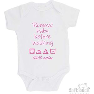100% katoenen Romper ""Remove baby before washing 100% cotton"" Meisjes Katoen Wit/roze Maat 68/74