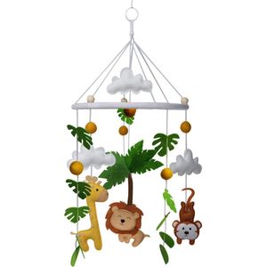 Kersvers - Box mobiel - Mobiel baby jongen - Dieren - Kraamcadeau - safari - Jungle - Leeuw - Giraffe - Aapje - Vilt - Wieg - Babykamer - zonder muziekarm - jungle speelgoed - jungle knuffel
