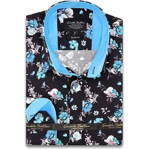 Heren Overhemd - Slim Fit - Hyacinth Print Satijn - Zwart - Maat L