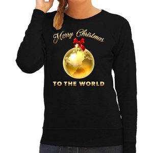 Foute Kersttrui / sweater - Merry Christmas to the world - gouden wereldbol - zwart - dames - kerstkleding / kerst outfit 2XL