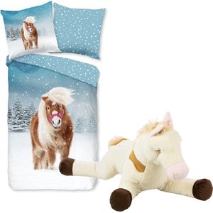 Dekbedovertrek Pony in sneeuw- flanel- paard- 140x200/220- inclusief pluche knuffel 70 cm