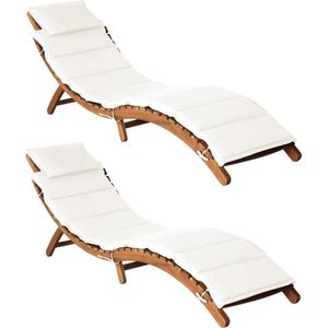 vidaXL Lounge Stoel - Ligstoel - Ligstoelen met kussens 2 st massief acaciahout crèmewit - Tuinset - Teak Hout - Outdoor Furniture