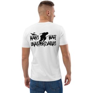 Bitcoin T-shirt - Make War Unaffordable - Rug Print - Unisex - 100% Biologisch Katoen - Kleur Wit - Maat 2XL | Bitcoin cadeau| Crypto cadeau| Bitcoin T-shirt| Crypto T-shirt| Crypto Shirt| Bitcoin Shirt| Bitcoin Merch| Bitcoin Kleding