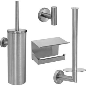 VDN Stainless Toiletaccessoireset zilver 4-delig - Geborsteld RVS - Toiletborstelhouder - Toiletrolhouder met plankje - Handdoekhaakje - Reserverolhouder