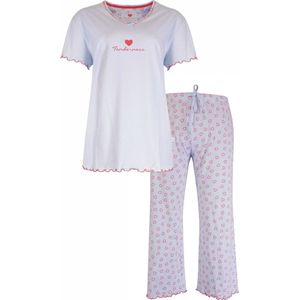 Dames Pyjama Set Tenderness – Hartjes print - 100% Gekamde Katoen – Licht Blauw- Maat 3XL