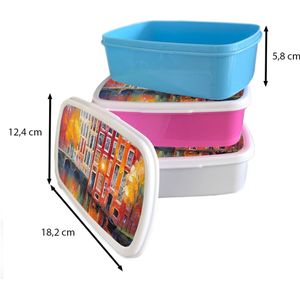 Broodtrommel Wit - Lunchbox Grachtenpanden - Kunst - Schilderij - Amsterdam - Brooddoos 18x12x6 cm - Brood lunch box - Broodtrommels voor kinderen en volwassenen