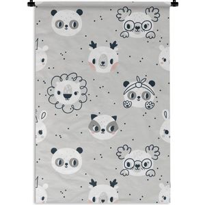 Wandkleed Kinderkamer Patroon - Kinderpatroon met de koppen van verschillende dieren op een lila achtergrond Wandkleed katoen 90x135 cm - Wandtapijt met foto