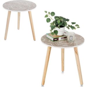 Bijzettafel ronde tafel hout: witte kleine balkonbijzettafels voor de woonkamer met 3 houten poten witte kleine boho buitenbanktafels voor in de tuin 2 stuks, 45 x 45cm