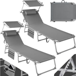 tectake® - Set van 2 ligbedden ligstoelen- 4 standen , inklapbaar -grijs - 68 x 190 x 28 cm , met zijvak