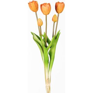 Real Touch Tulip Dubble Bundle x5 L44cm orange - Real Touch Tulpen - oranje- Tulpen - Kunstbloemen - Kunst Tulpen - Kunst Boeket - Tulp - 44 CM - Zijden Bloemen - Latex Bloem - Bruiloft - Voorjaar - Lente