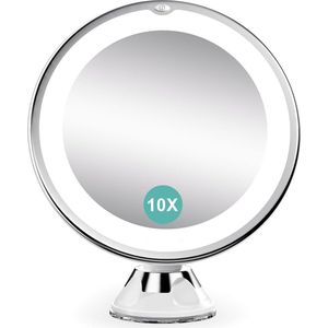 Cosmetische Spiegel met Verlichting, 10x Vergroting Douchespiegel, Sterke Zuignap en 2 Helderheidsniveaus, Scheerspiegel Tafelspiegel 360° Draaibaar voor Thuis en op Reis