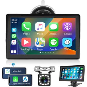 7 Inch HD Touchscreen Draadloze Carplay & Android Auto Speler met Achteruitrijcamera - Draagbare Autoradio Ontvanger - Handsfree - Bluetooth - Mirror Link - AUX/USB/SD - Audio