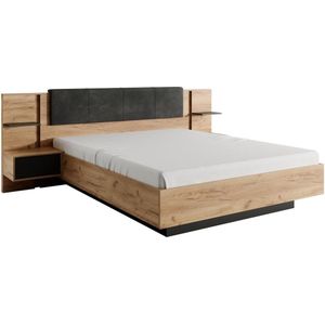 Bed met nachtkastjes 160 x 200 cm - Met ledverlichting - Kleur: naturel en antraciet - ELYNIA L 256.4 cm x H 104.4 cm x D 210 cm