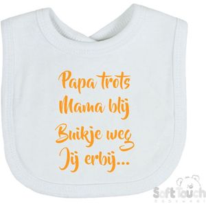 Soft Touch Slabber Slabbetje Slab ""Papa trots Mama blij Buikje weg Jij erbij..."" Unisex Katoen Wit/mosterd Maat 33x22 Cm