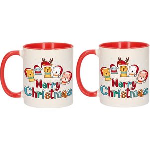 Set van 4x stuks kerstmis cadeau mokken - Merry Christmas - diertjes - 300 ml - keramiek - mokken / bekers - Kerst servies