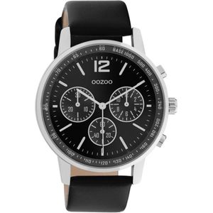 OOZOO Timepieces - zilverkleurige horloge met zwarte leren band - C10813 - Ø42