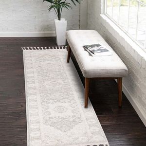 Tapijtloper voor gang, boho-stijl, crème, 80 x 300 cm, ornamenten, rand, reliëf-look, 3D-effect, cut-&lus, sisal, moderne franjes, slaapkamer